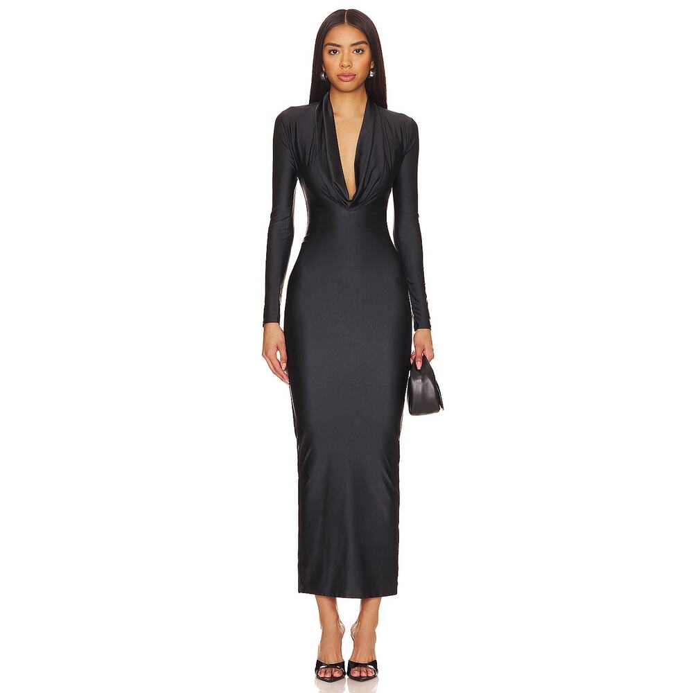 Good American Black Cowl Neck Jersey Zip Slit Dress Small NWOT